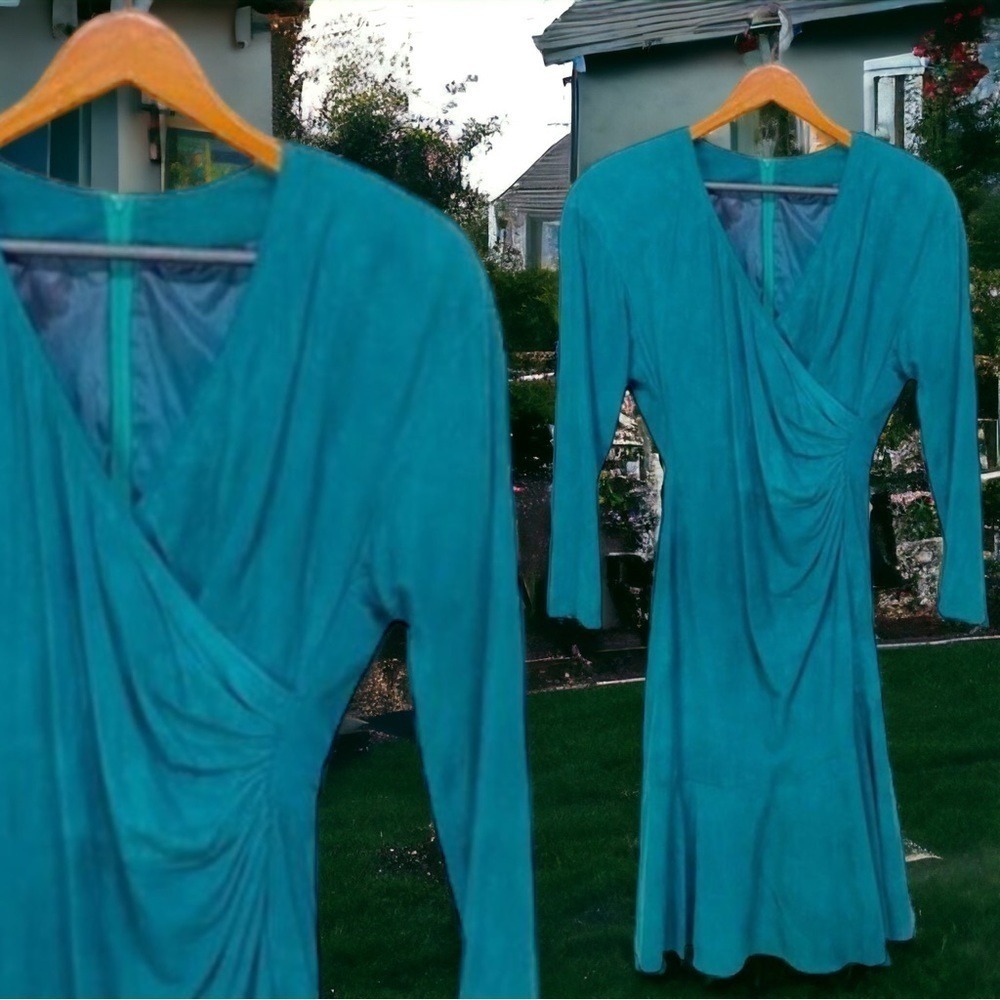 Vakko green sueded wrap front vintage dress 12 retro soft